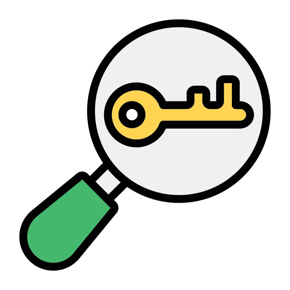 llave bajo lupa, icono de herramienta de investigación de palabras clave vector