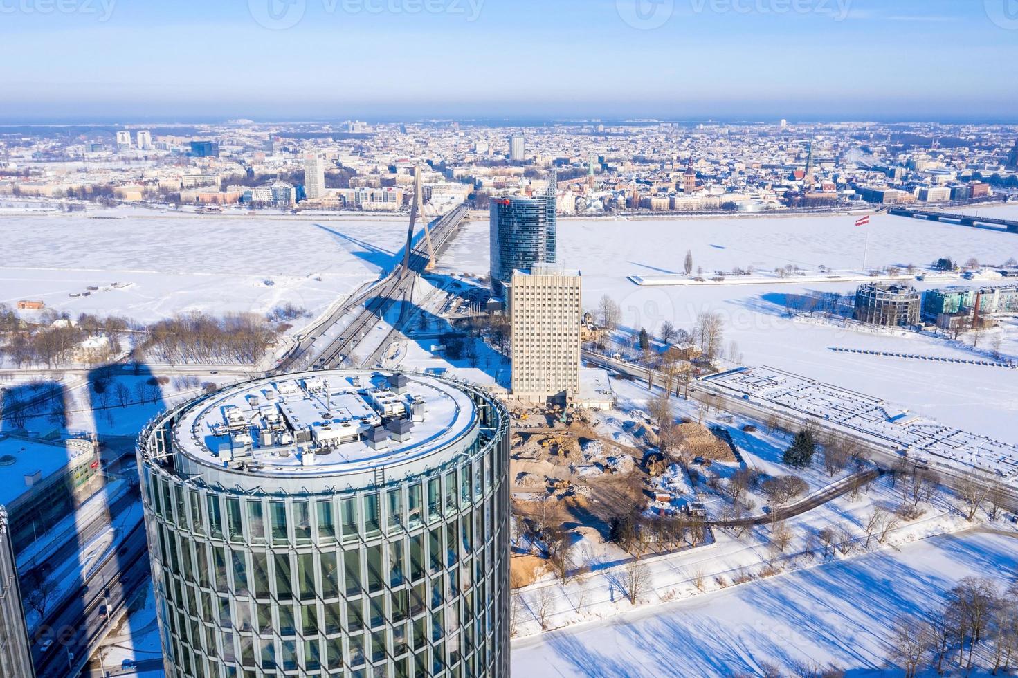 Riga, Latvia. February 10, 2021. Aerial view of the Z Towers in Riga, Latvia during cold sunny winter day. photo
