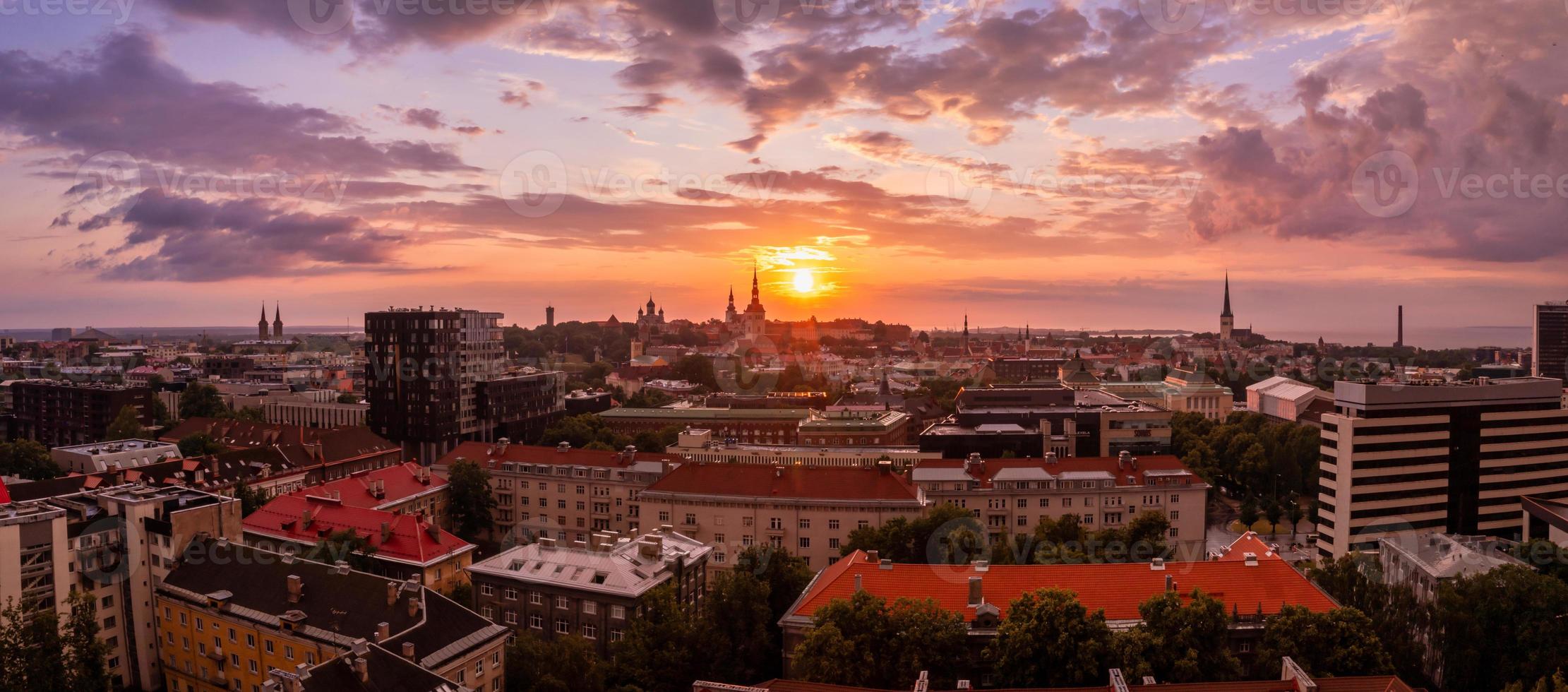 Panoramic view of Old Tallinn city at purple sunset, Estonia. photo