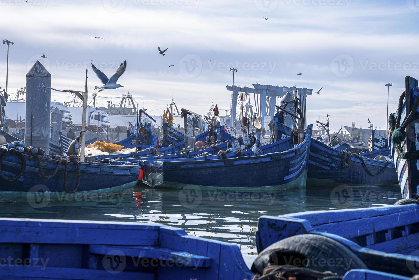 Barcos de pesca azules de madera anclados en el puerto deportivo contra el cielo nublado foto