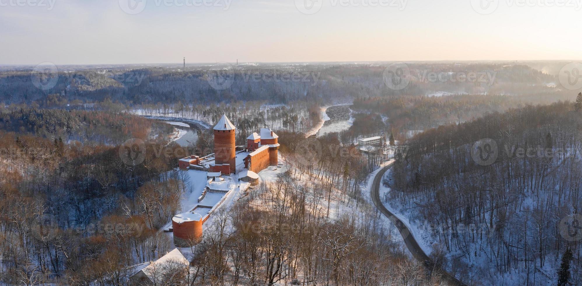 Classic close-up view of famous castle in scenic morning light at sunrise on a beautiful cold sunny day in winter. photo