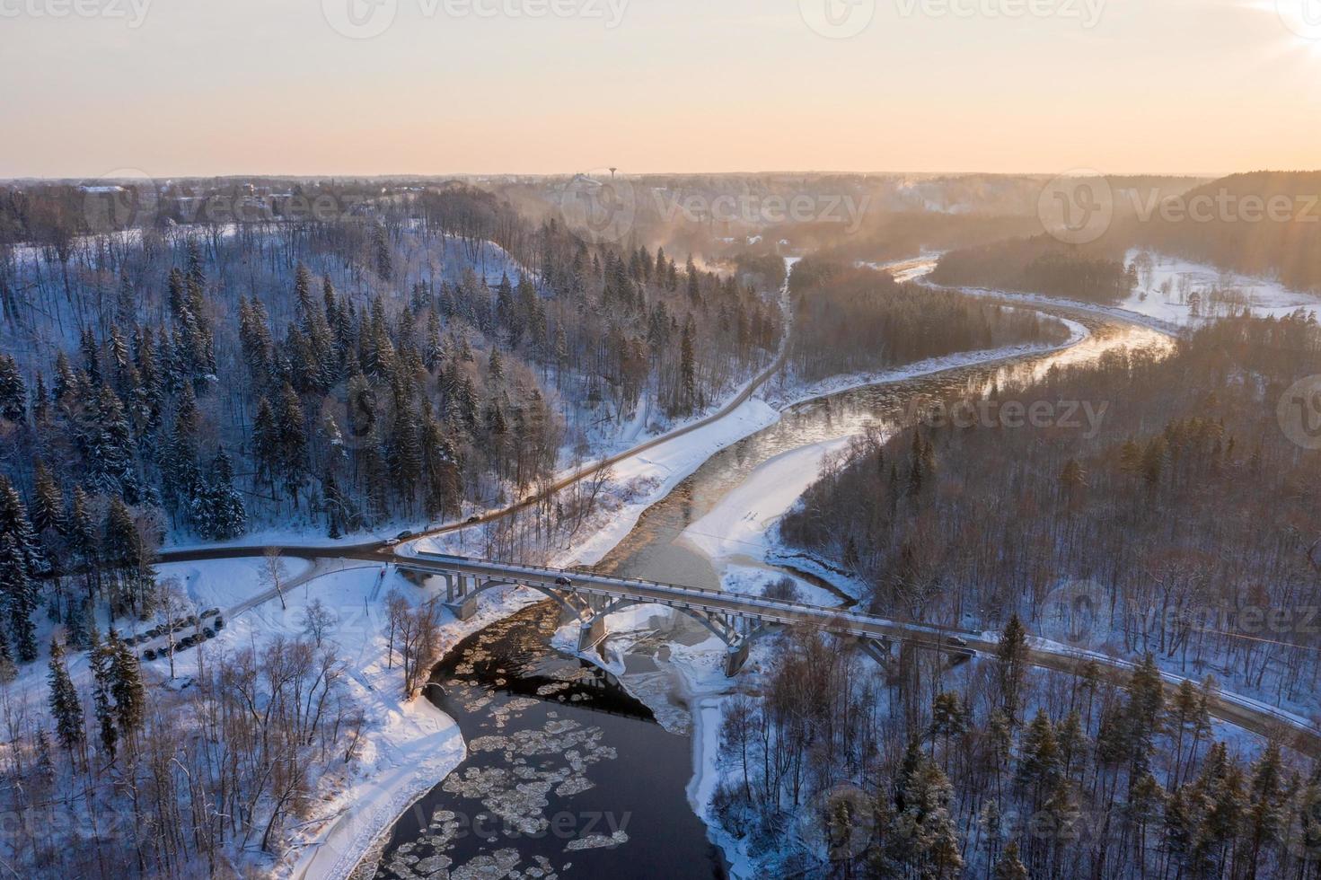Winter in Sigulda, Latvia. River Gauja and Turaida Castle in background. photo
