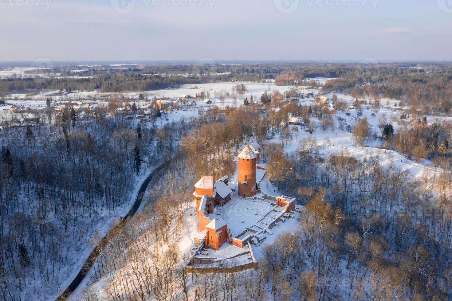 Panoramic Aerial winter view of Turaida Castle, its Reconstructed Yard, Tower and Dwelling Building, Turaida, Sigulda, Latvia photo