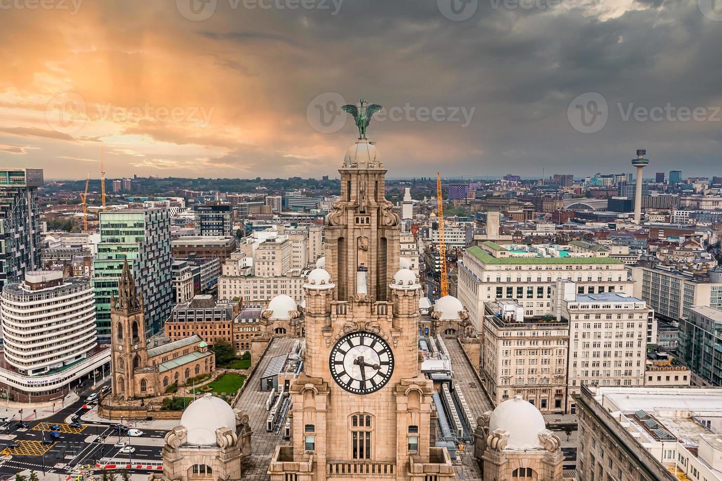Aerial close up of the tower of the Royal Liver Building in Liverpool photo