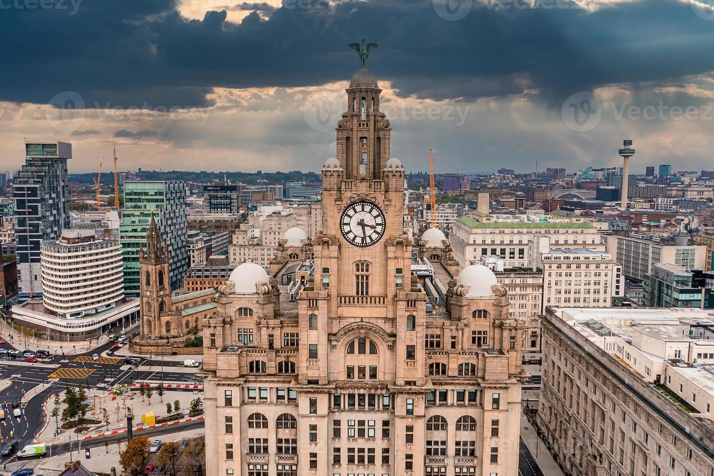 Aerial close up of the tower of the Royal Liver Building in Liverpool photo