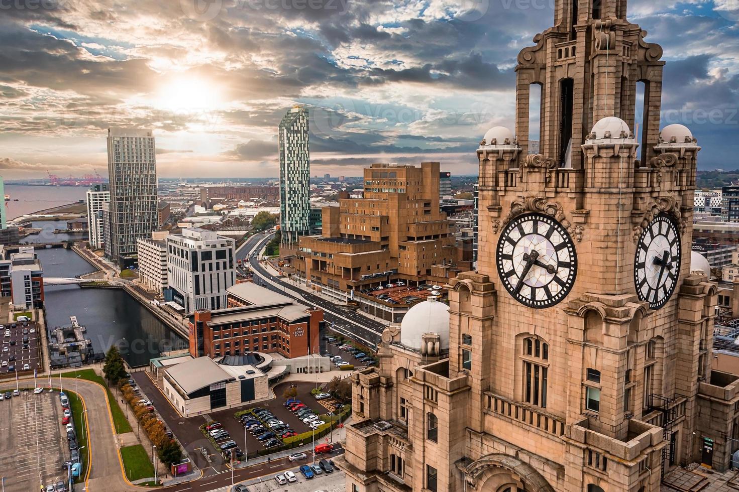 Aerial close up of the tower of the Royal Liver Building in Liverpool photo