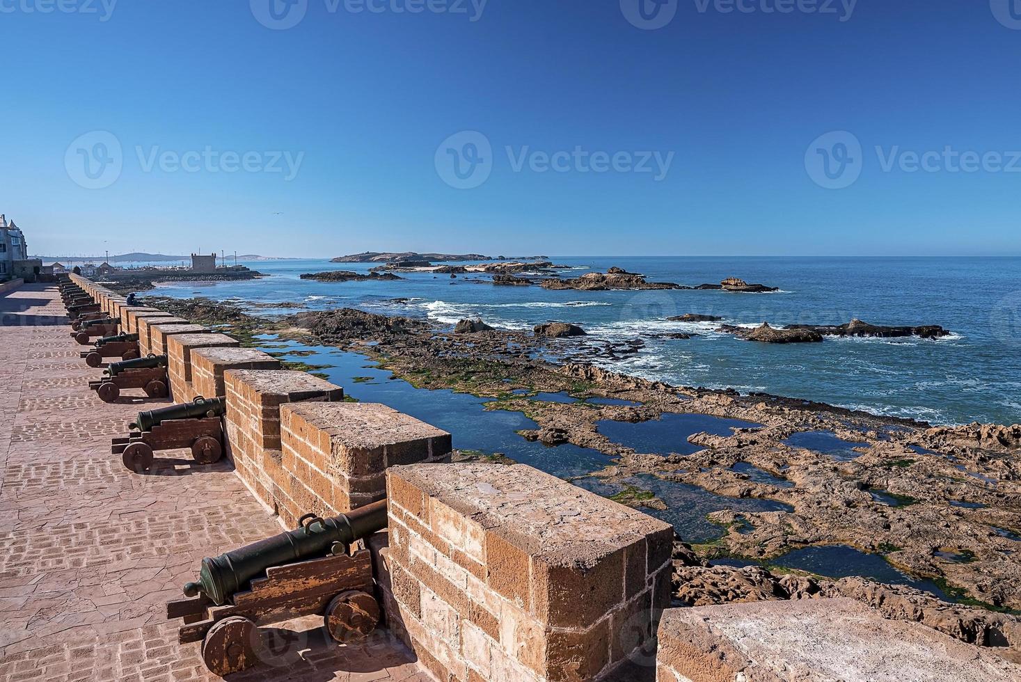 Row of old cannons aimed through slit in wall at historic fortress photo