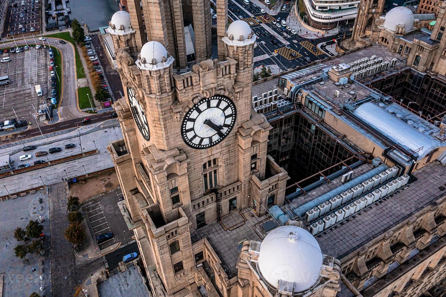 Aerial close up of the tower of the Royal Liver Building in Liverpool photo