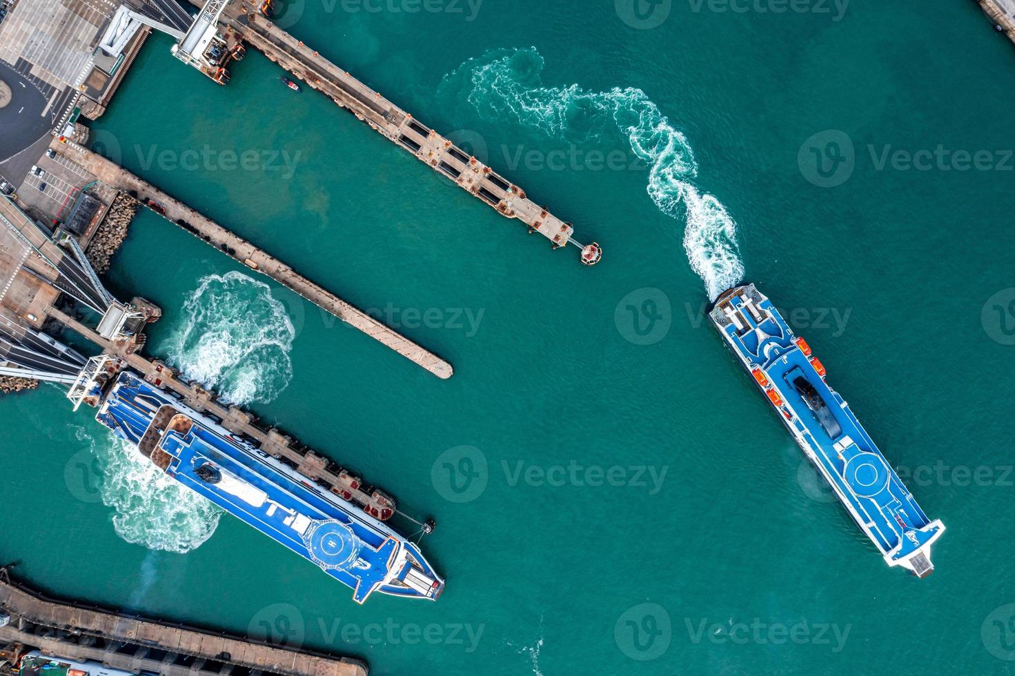 Aerial view of the Dover harbor with many ferries photo