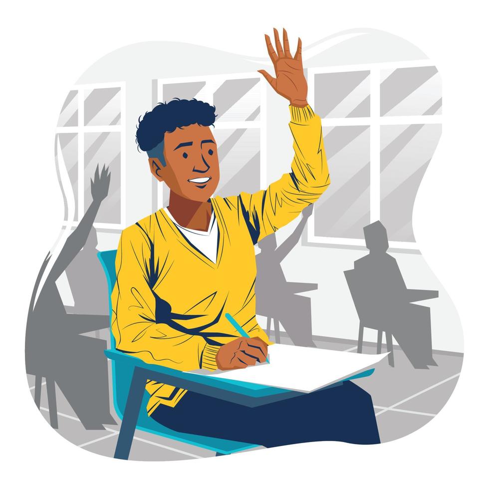 College Students Raising Hand in the Classroom Concept vector