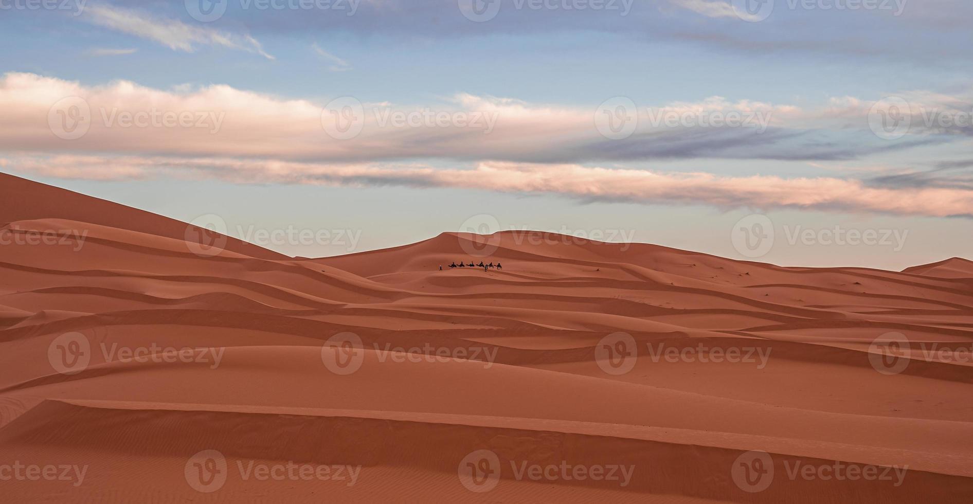 Impresionante vista de las dunas de arena con patrón de ondas en el desierto contra el cielo nublado foto