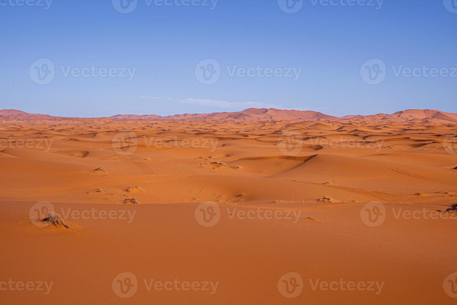 Amazing view of sand dunes with waves pattern in desert against blue sky photo