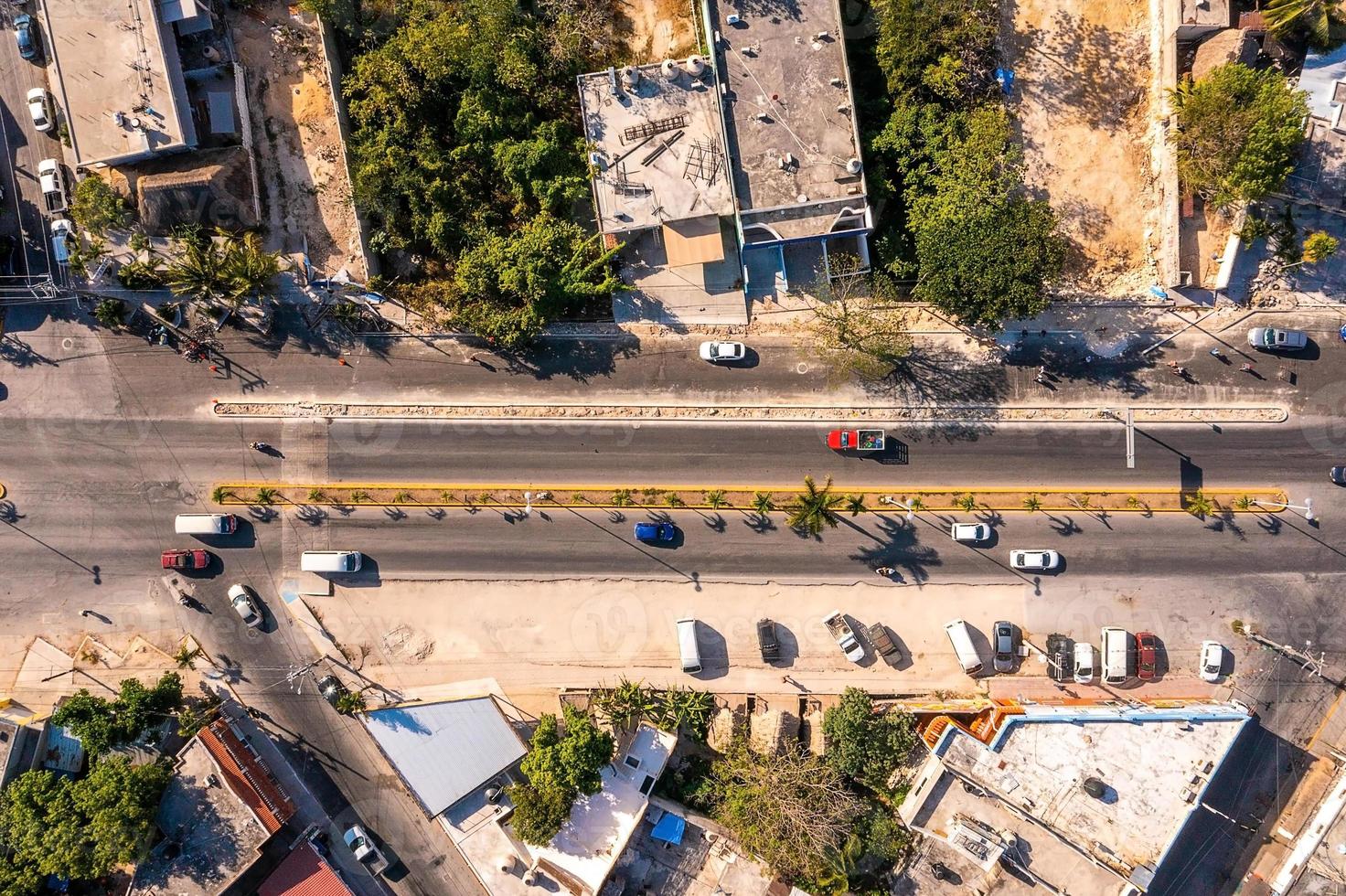 Aerial view of the Tulum town from above. Small Mexican village. photo