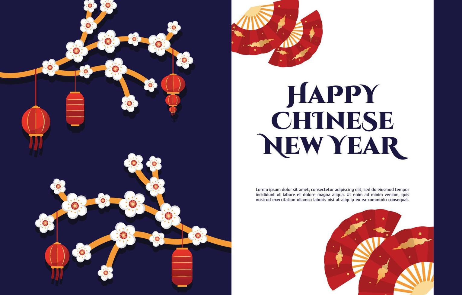 flor linterna ventilador feliz año nuevo chino celebración azul tarjeta de felicitación vector