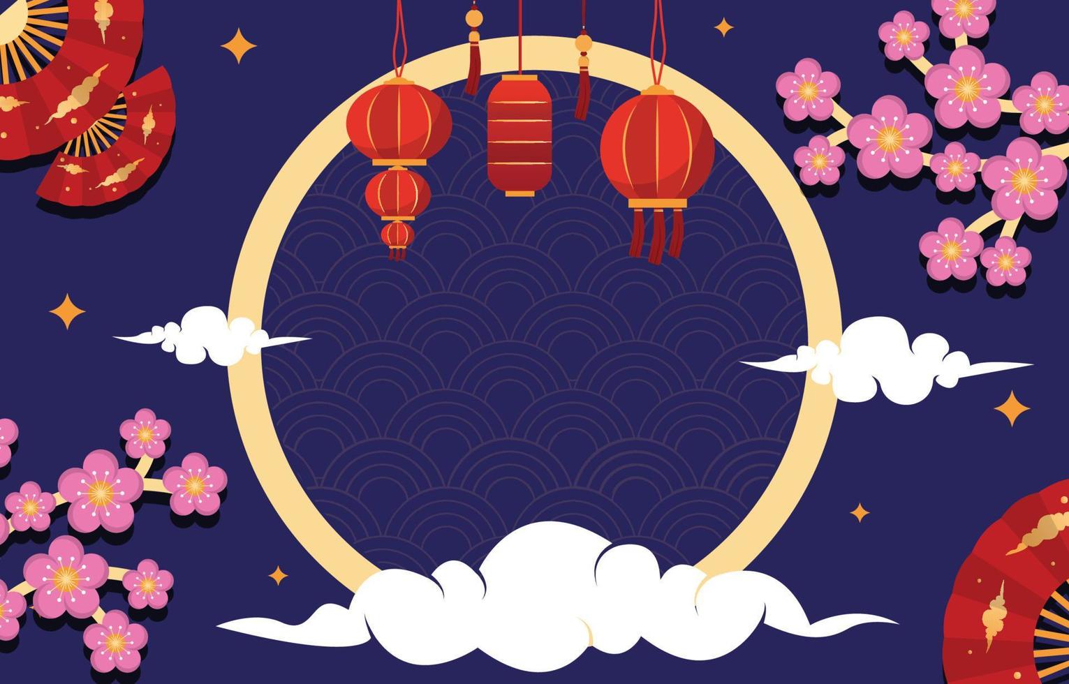 Flower Lantern Fan Cloud Happy Chinese New Year Celebration Greeting Card vector