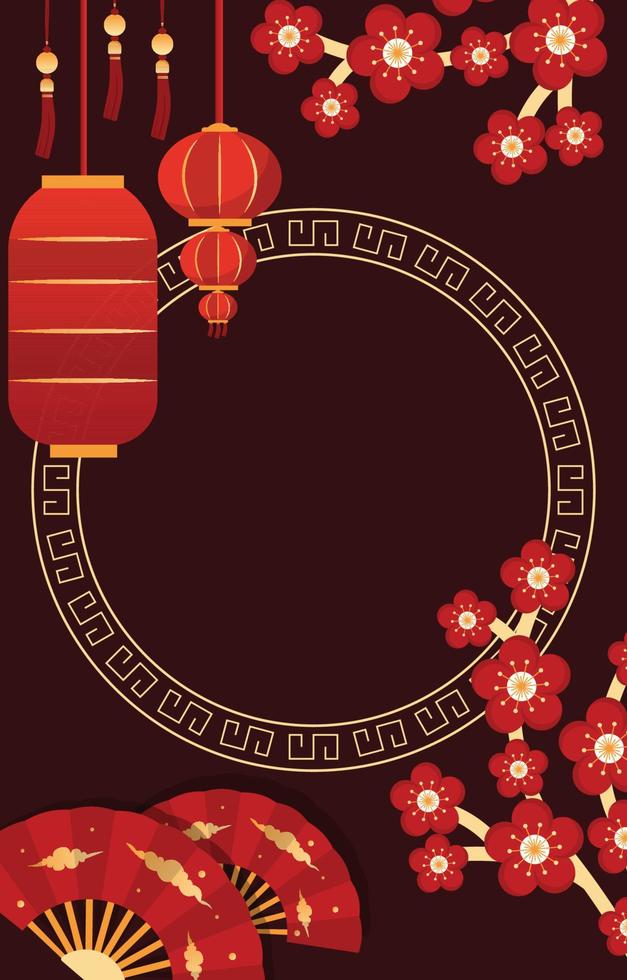 Lantern Flower Fan Happy Chinese New Year Celebration Red Greeting Card vector