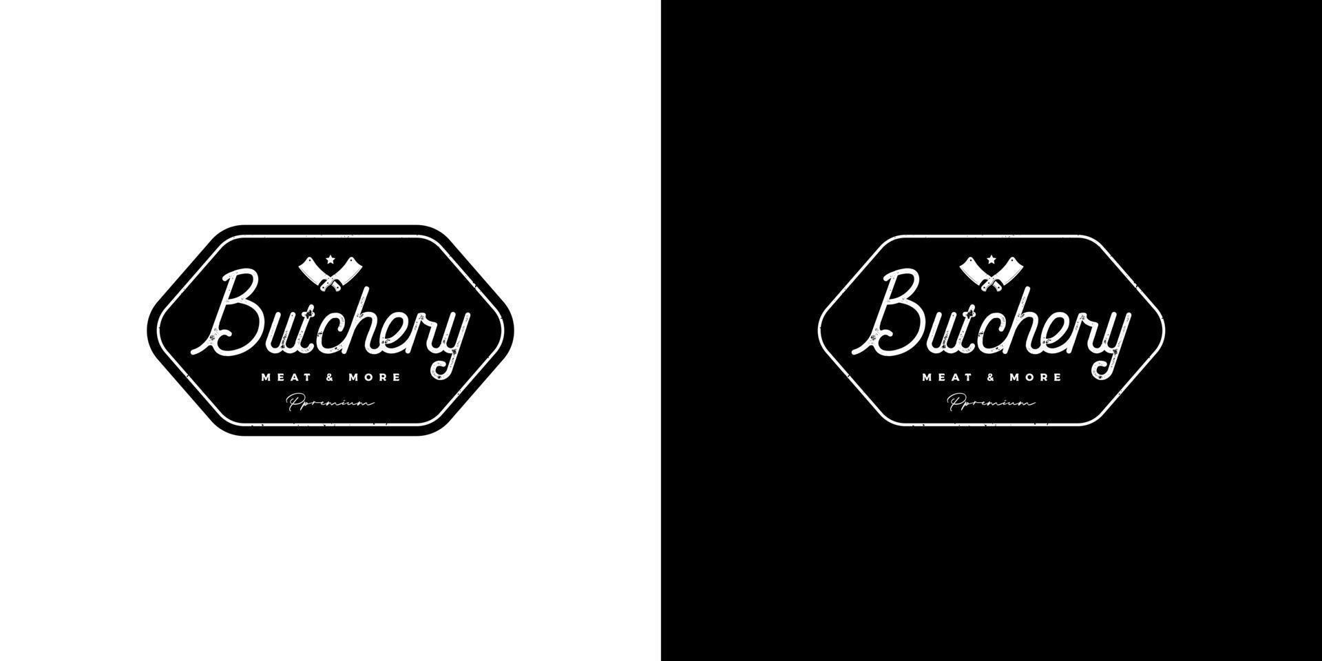 vintage retro hipster hexagon emblem, badge, sticker, label grunge butchery logo design vector with knife icon