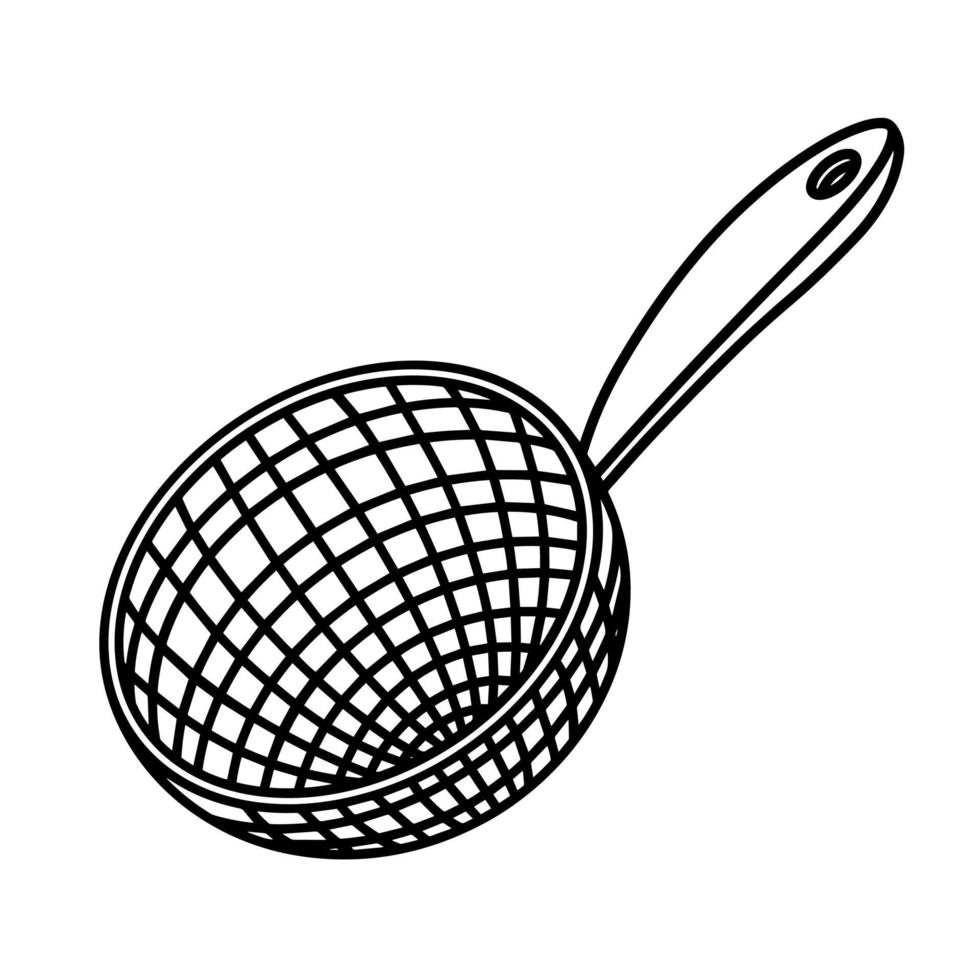 Colander vector icon. Hand-drawn illustration isolated on white background. Metal sieve with a handle for sifting flour, sugar, starch. Kitchen tool sketch. Culinary accessory outline. Monochrome.