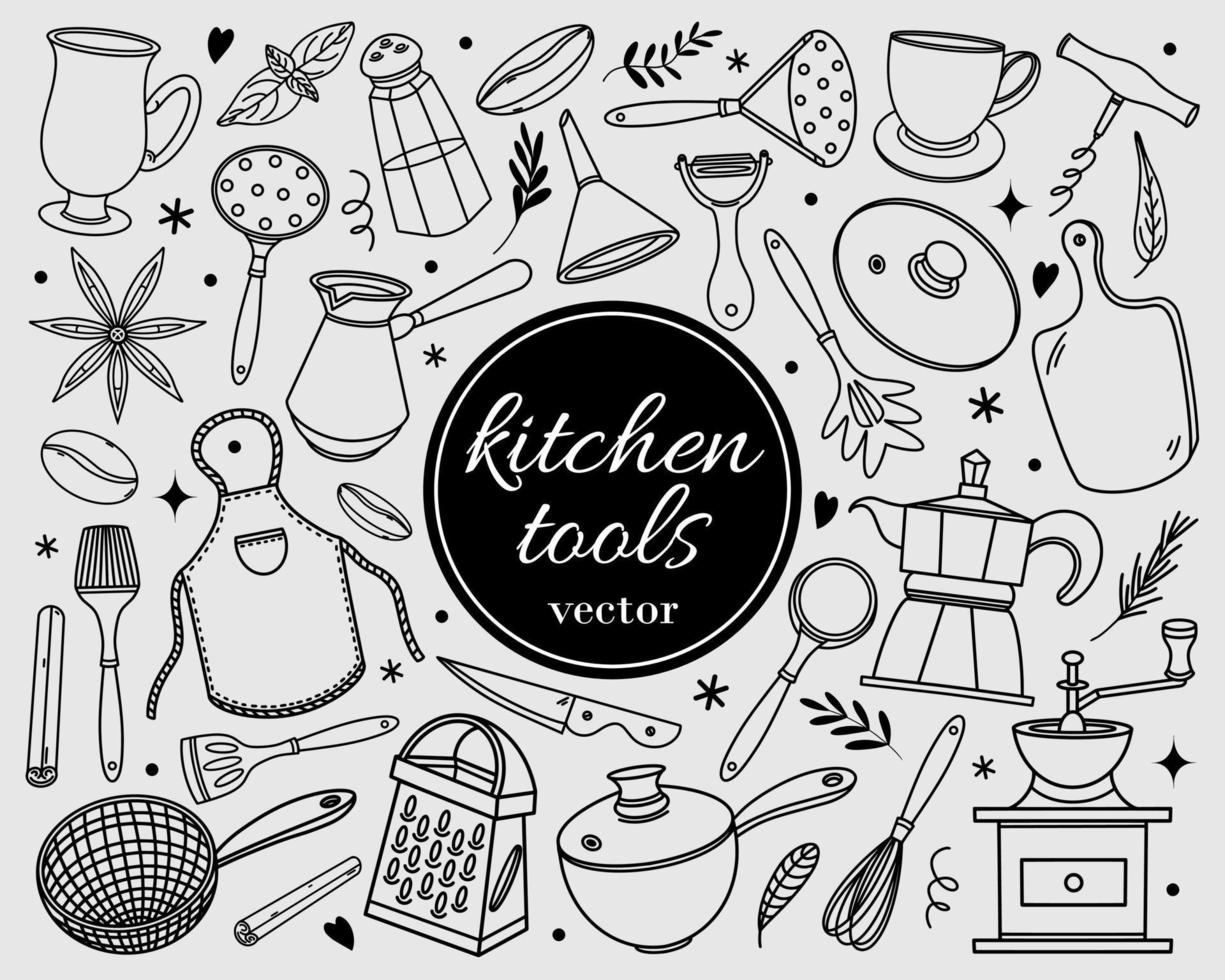 conjunto de herramientas de cocina de iconos vectoriales. ilustración dibujada a mano aislada sobre fondo blanco. silueta de los platos - taza, sartén, cafetera, rallador, batidor, cuchillo. boceto de comida, garabatos. vector