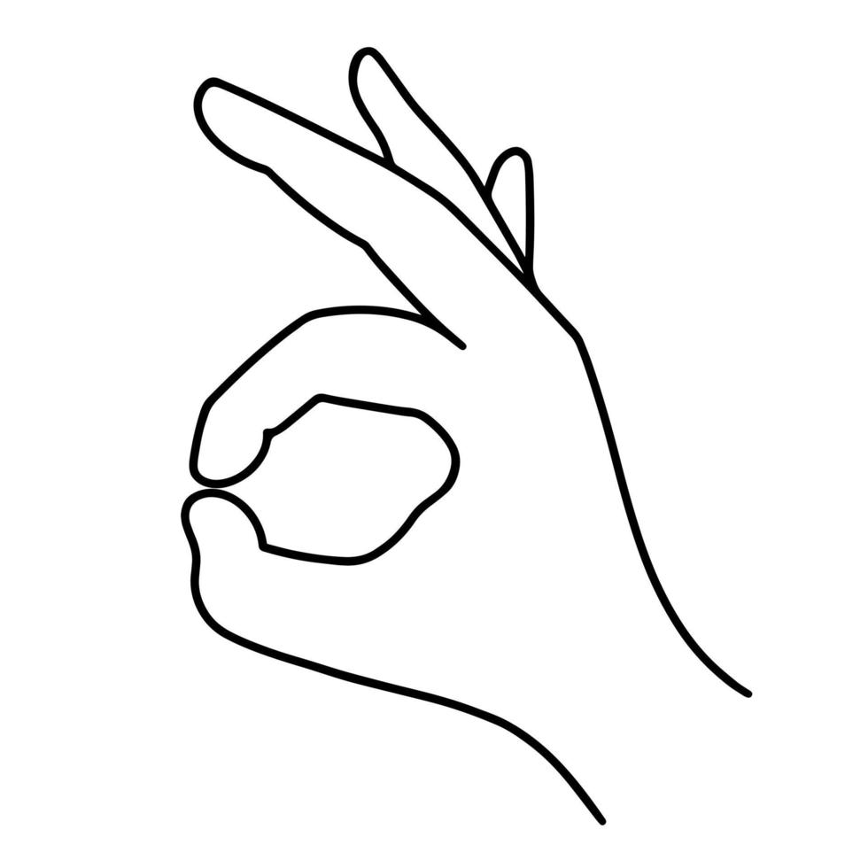 la mano humana derecha muestra el gesto ok. ilustración dibujada a mano aislada sobre fondo blanco. símbolo de acuerdo, aprobación, disposición. imágenes prediseñadas monocromáticas, boceto simple. vector