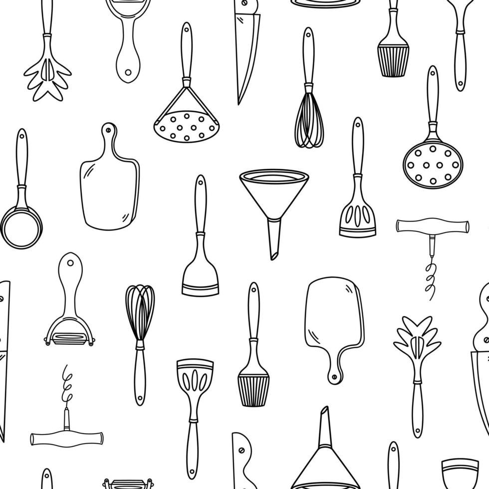 Kitchen tools seamless vector pattern. Hand-drawn illustration on a white background. Dishes - cutting board, corkscrew, peeler, ladle, spatula. Monochrome cooking sketch, simple doodles.