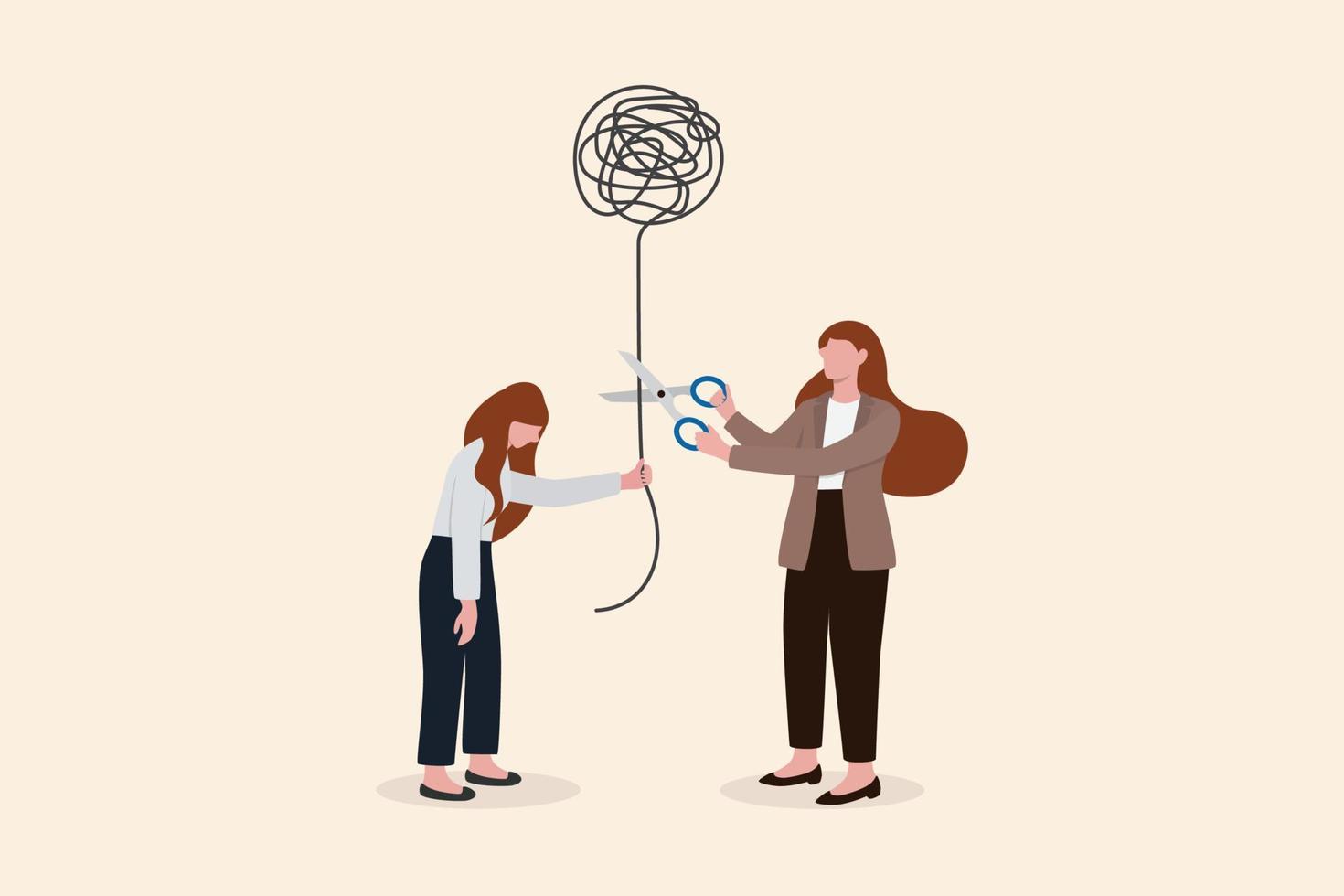 Reduce anxiety or stress, psychotherapy to cure mental health problem or depression, relaxation or relief to cure overworked concept, psychologist using scissors to cut chaos messy balloon on patient. vector