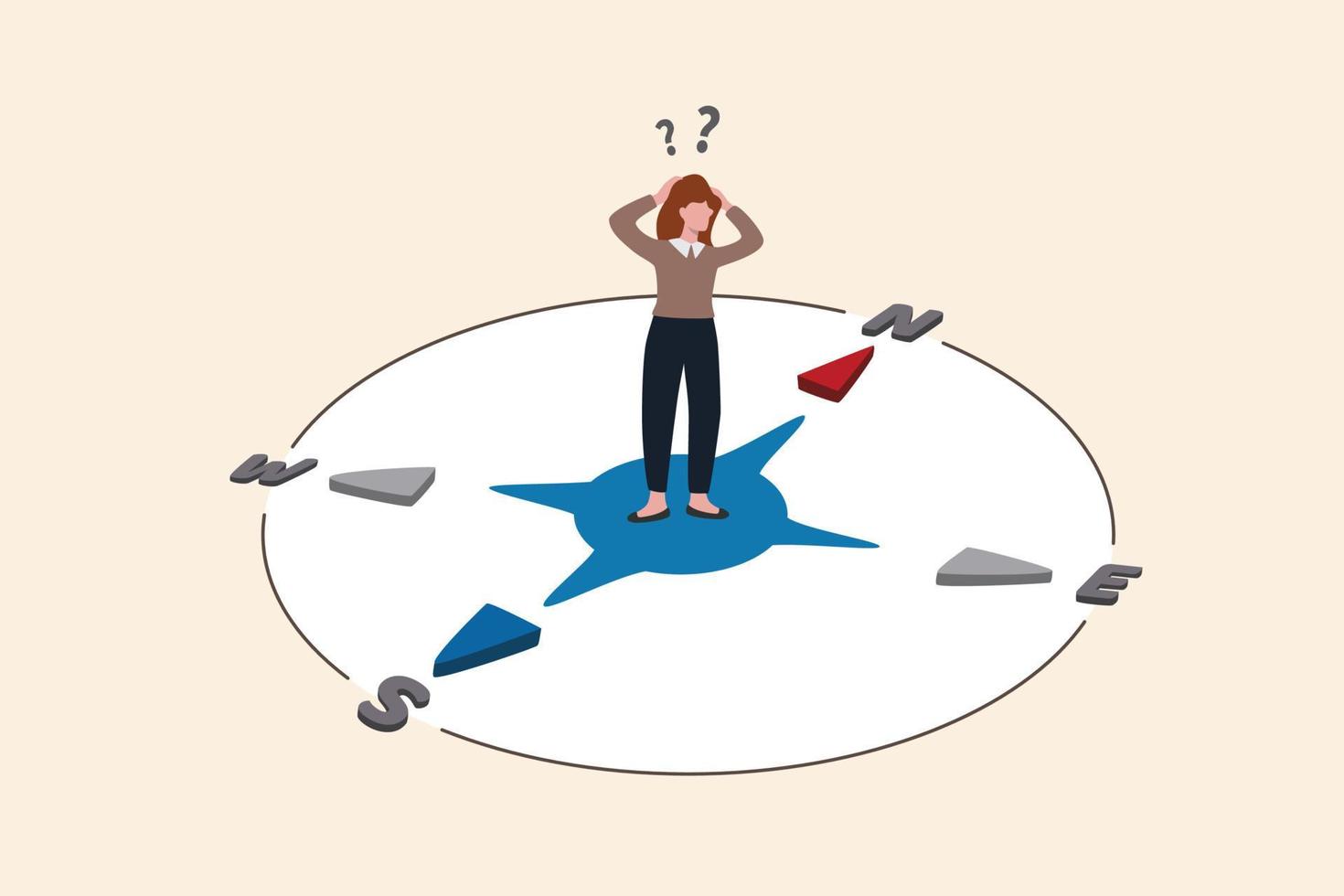 Lost direction, frustrated to make decision or challenge to find right solution, unknown career path or work guidance concept, confused businesswoman in the middle of compass thinking which way to go. vector