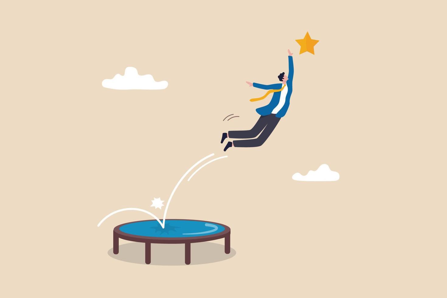 Reach success, improvement or career development, business tools advantage to reach goal or target, growth and achievement concept, businessman bounce on trampoline jump flying high to grab star. vector