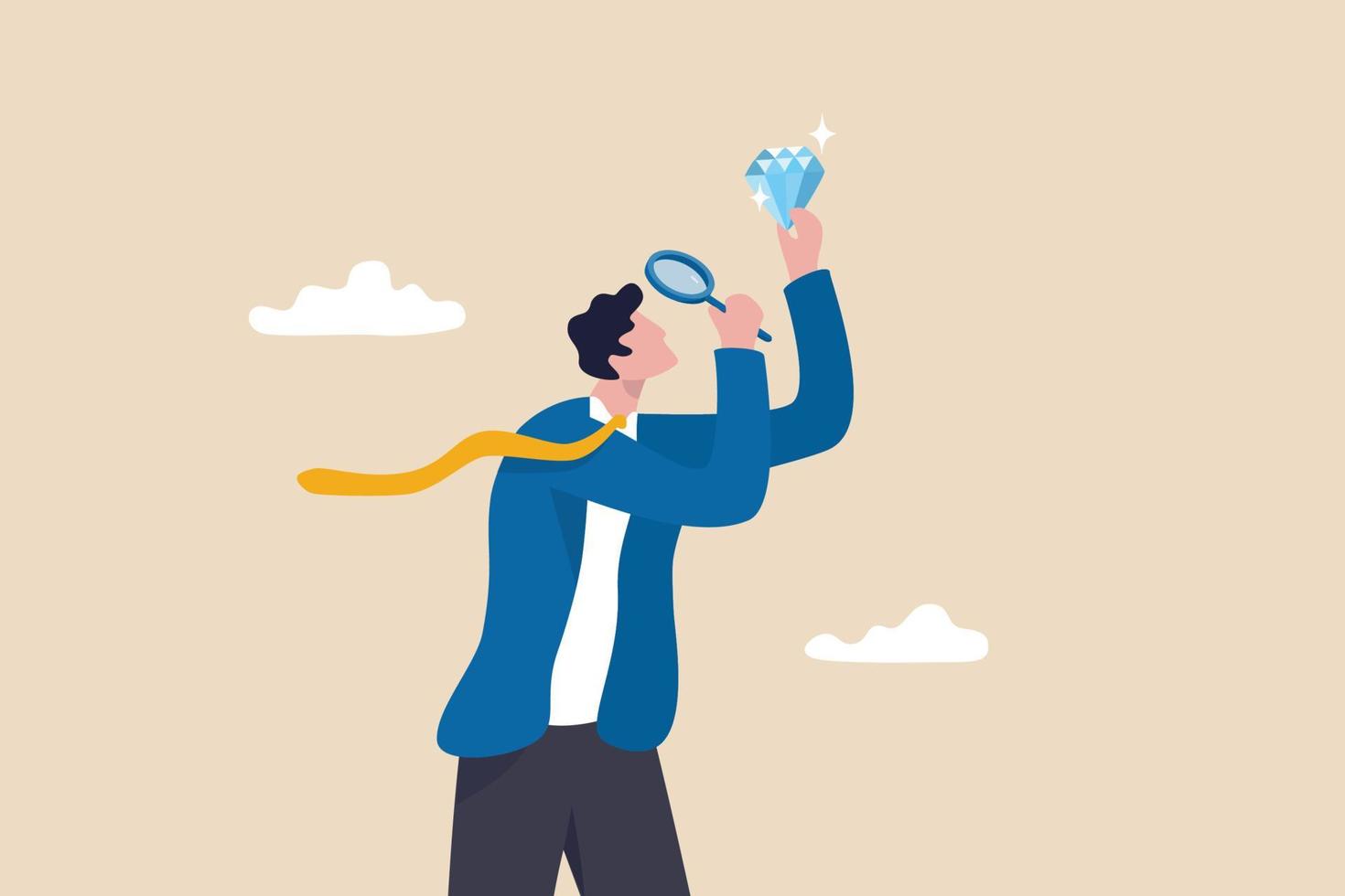 Searching for rare gem, valuable diamond or business evaluation, find talent skillful employee, opportunity or precious investment concept, businessman with magnifying glass looking rare diamond gem. vector
