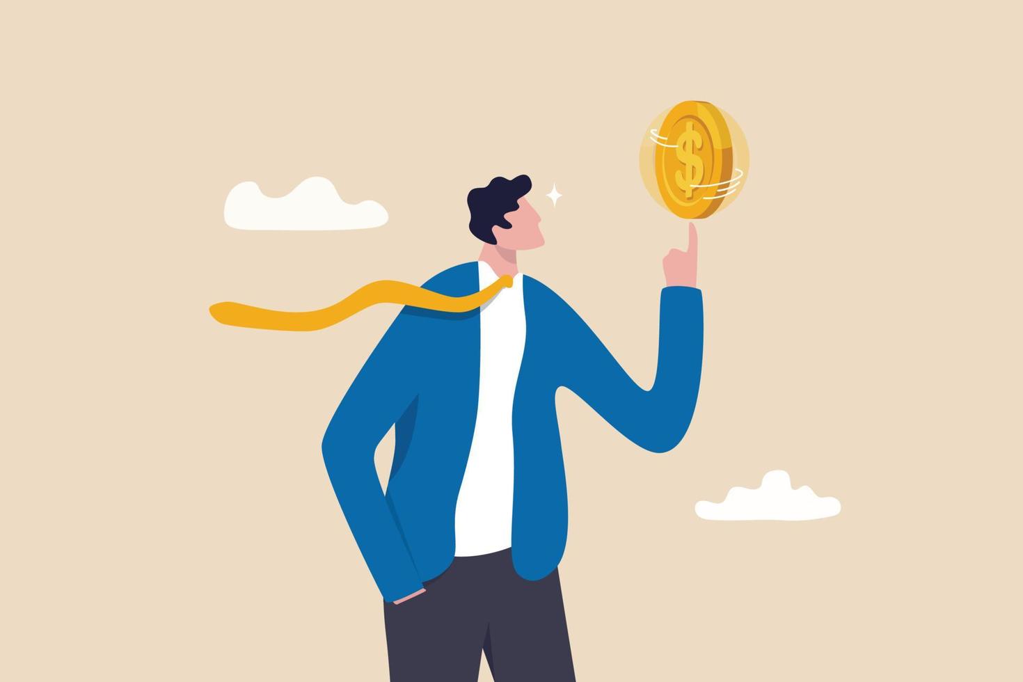 Financial plan investment strategy, decision to make profit or pay off debt, contemplation or thinking about savings and wealth concept, confident businessman spinning big money coin on his finger. vector
