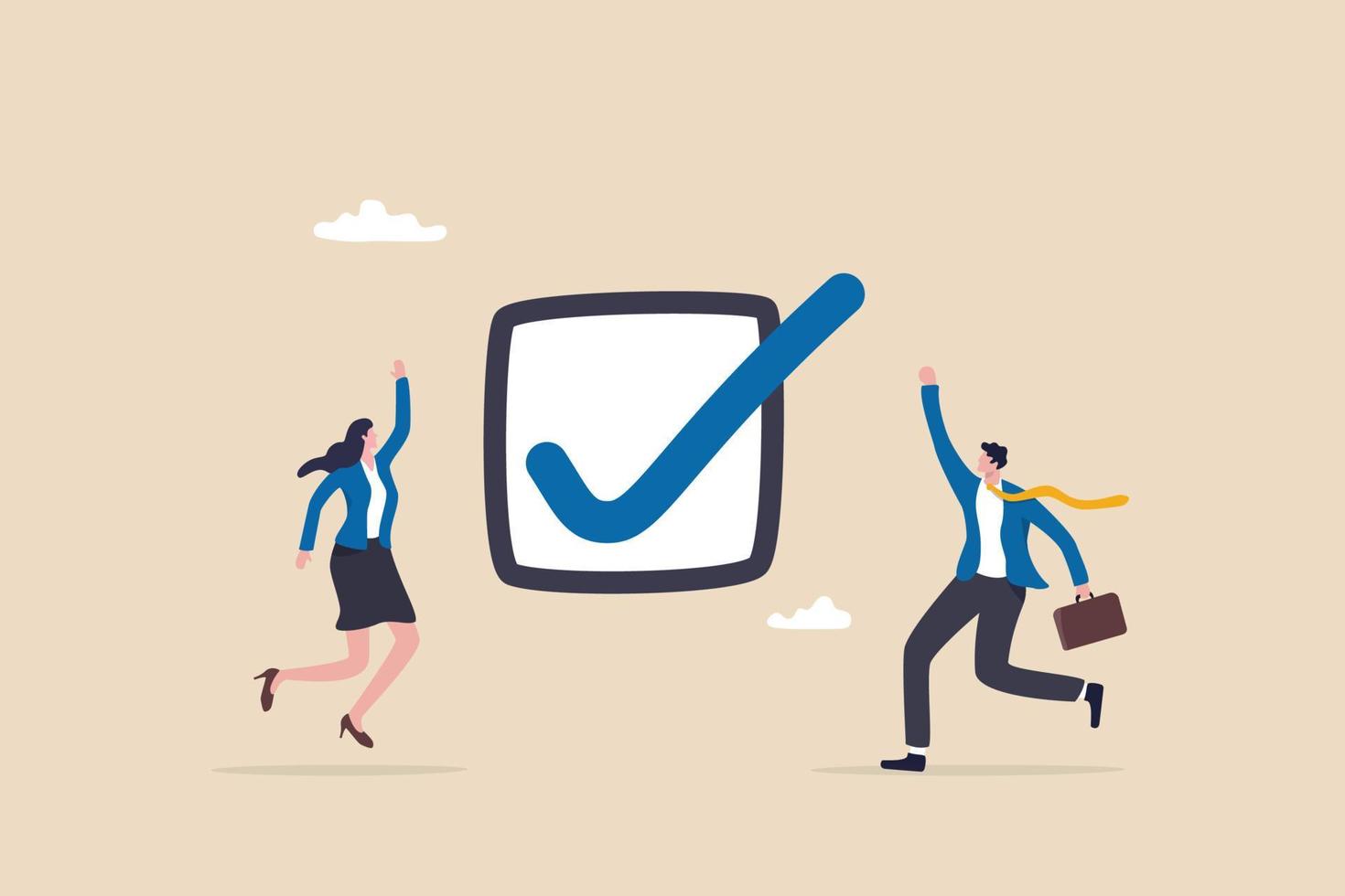 Complete task, accomplishment or project done checklist, success or achievement checkbox, job done concept, happy business people celebrate completed checkmark  after finish responsible project. vector