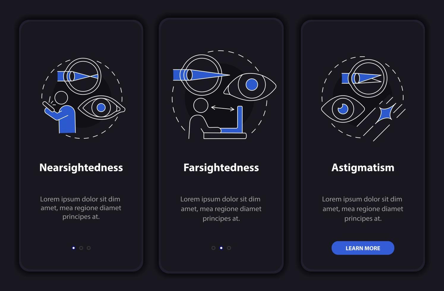 Problems to treat with laser black onboarding mobile app page screen. Process walkthrough 3 steps graphic instructions with concepts. UI, UX, GUI vector template with linear night mode illustrations
