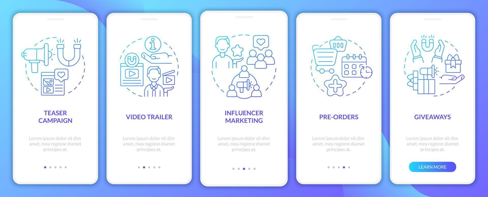 Startup promo strategy tips onboarding mobile app page screen. Business project walkthrough 5 steps graphic instructions with concepts. UI, UX, GUI vector template with linear color illustrations
