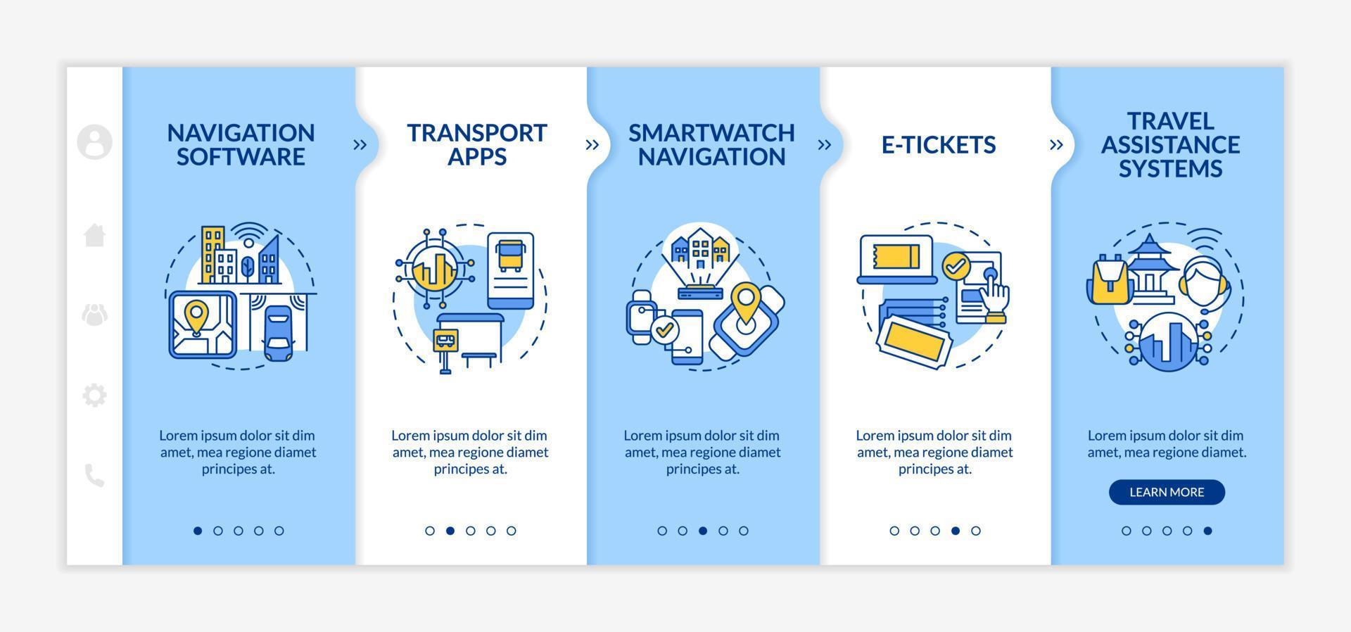 plantilla de vector de incorporación de digitalización de servicio de transporte público. sitio web móvil sensible con iconos. Tutorial de página web Pantallas de 5 pasos. concepto de color del vehículo de pasajeros con ilustraciones lineales