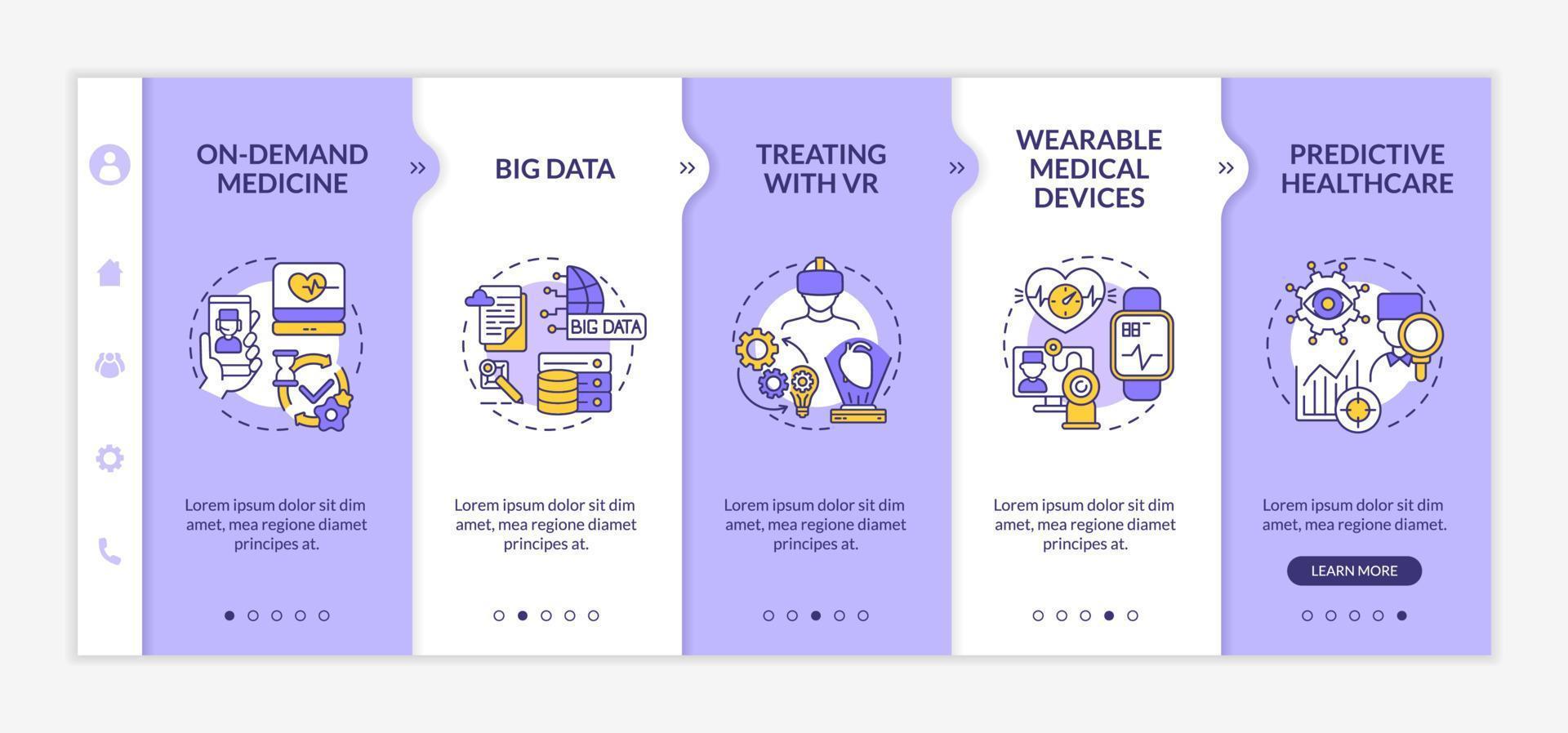 Healthcare system digitalization onboarding vector template. Responsive mobile website with icons. Web page walkthrough 5 step screens. Patient service color concept with linear illustrations