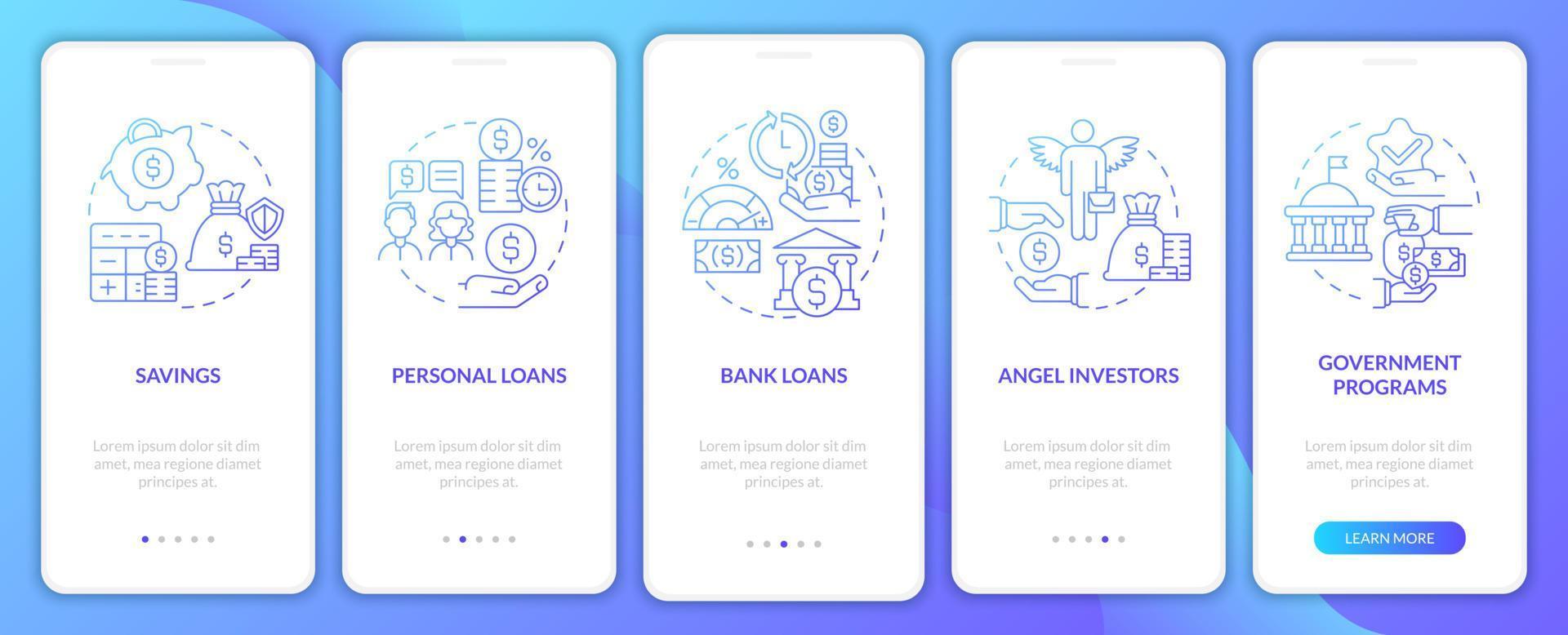 Launching startup financial tips onboarding mobile app page screen. Business walkthrough 5 steps graphic instructions with concepts. UI, UX, GUI vector template with linear color illustrations