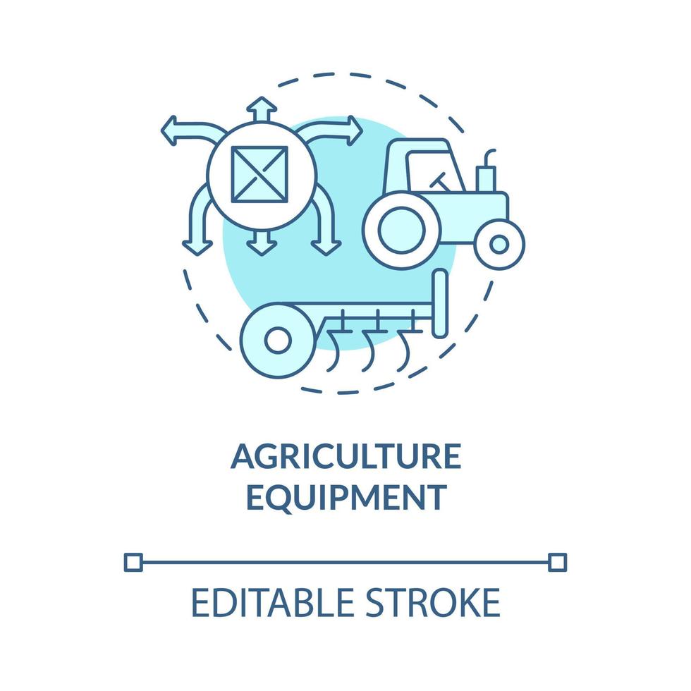 equipo agrícola icono de concepto azul turquesa. suministros para el desarrollo de agronegocios. tecnología agrícola idea abstracta ilustración de línea delgada. dibujo de color de contorno aislado vectorial. trazo editable vector