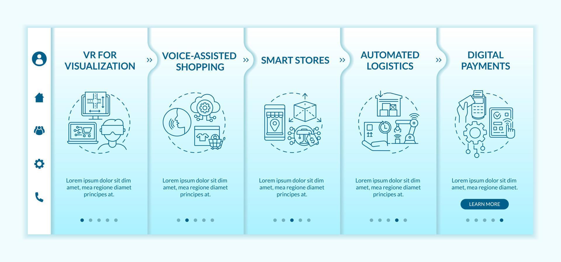 Digital optimization of retail market onboarding vector template. Responsive mobile website with icons. Web page walkthrough 5 step screens. Online shopping color concept with linear illustrations