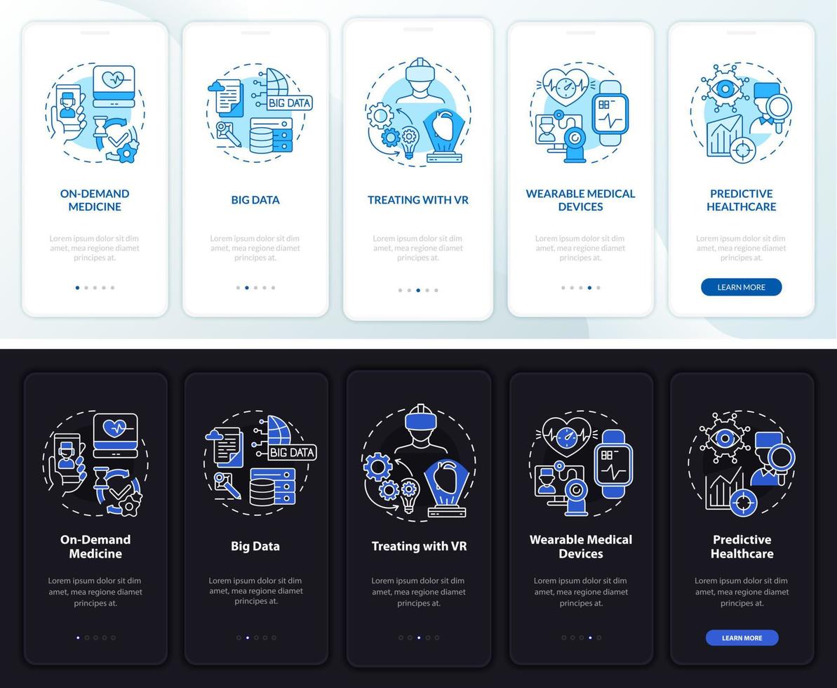 Healthcare digital service onboarding mobile app page screen. Med walkthrough 5 steps graphic instructions with concepts. UI, UX, GUI vector template with linear night and day mode illustrations
