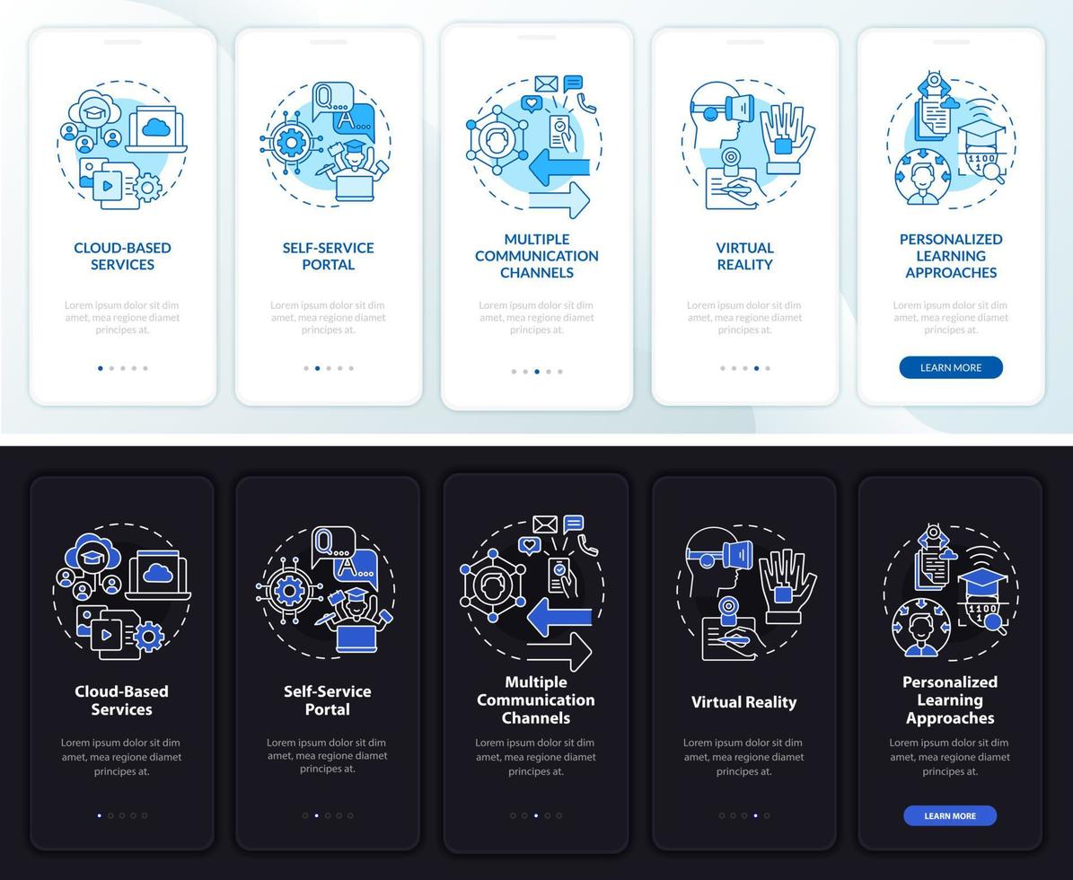 Digital education onboarding mobile app page screen. Technology walkthrough 5 steps graphic instructions with concepts. UI, UX, GUI vector template with linear night and day mode illustrations
