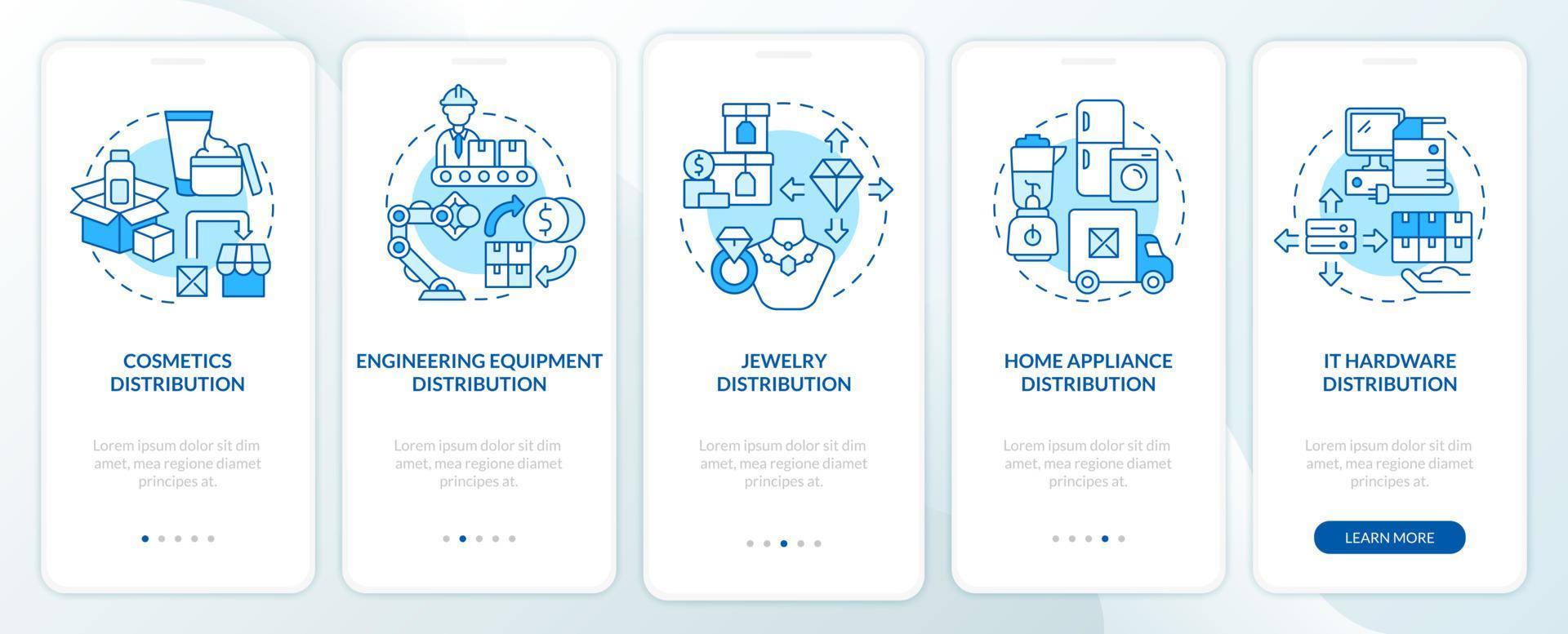 Distribution goods choose tips onboarding mobile app page screen. Wholesale walkthrough 5 steps graphic instructions with concepts. UI, UX, GUI vector template with linear color illustrations