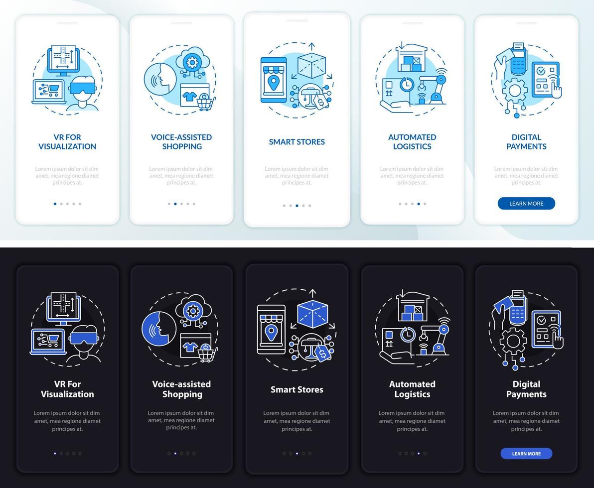 Digital retail market onboarding mobile app page screen. Shopping walkthrough 5 steps graphic instructions with concepts. UI, UX, GUI vector template with linear night and day mode illustrations