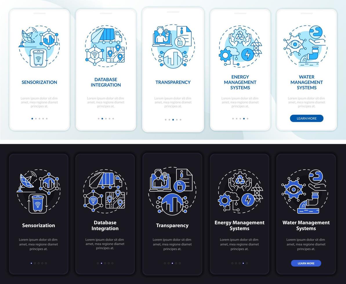 City management digitalization onboarding mobile app page screen. Tech walkthrough 5 steps graphic instructions with concepts. UI, UX, GUI vector template with linear night and day mode illustrations