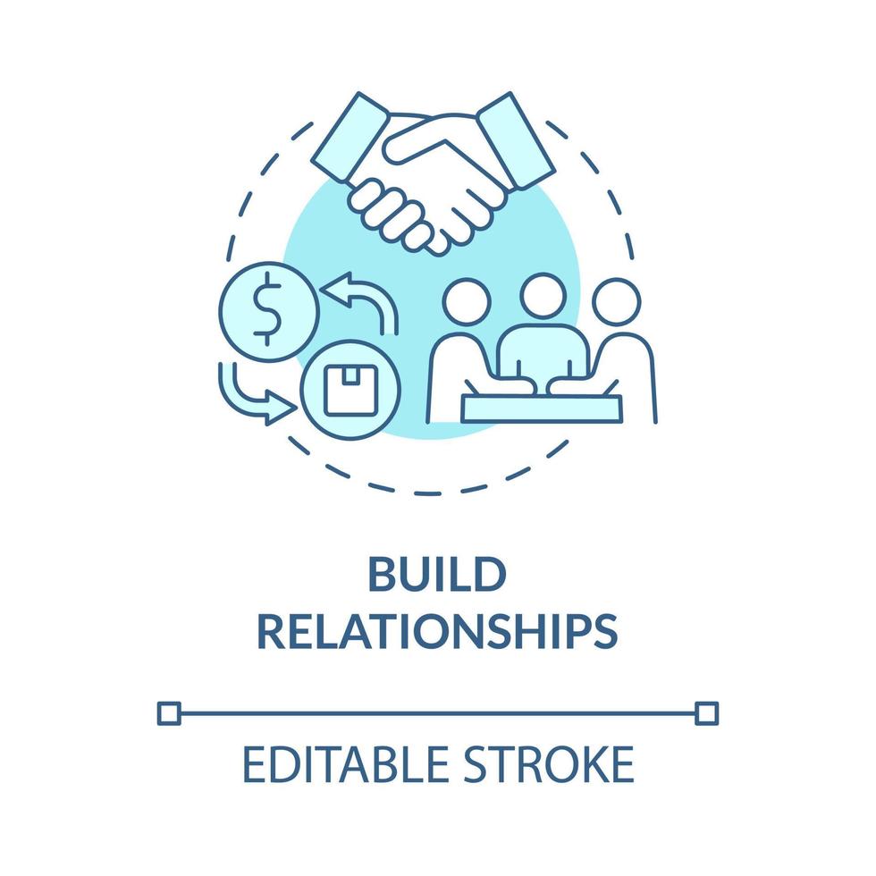 Build relationship turquoise blue concept icon. Starting distribution business. Select trading partners abstract idea thin line illustration. Vector isolated outline color drawing. Editable stroke
