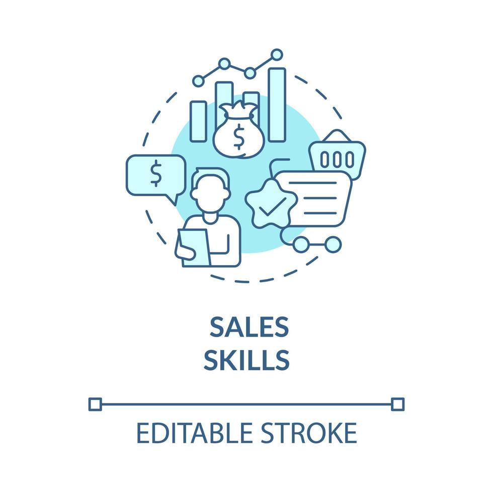 Sales skills turquoise blue concept icon. Distribution business. Sales management strategy achievement abstract idea thin line illustration. Vector isolated outline color drawing. Editable stroke