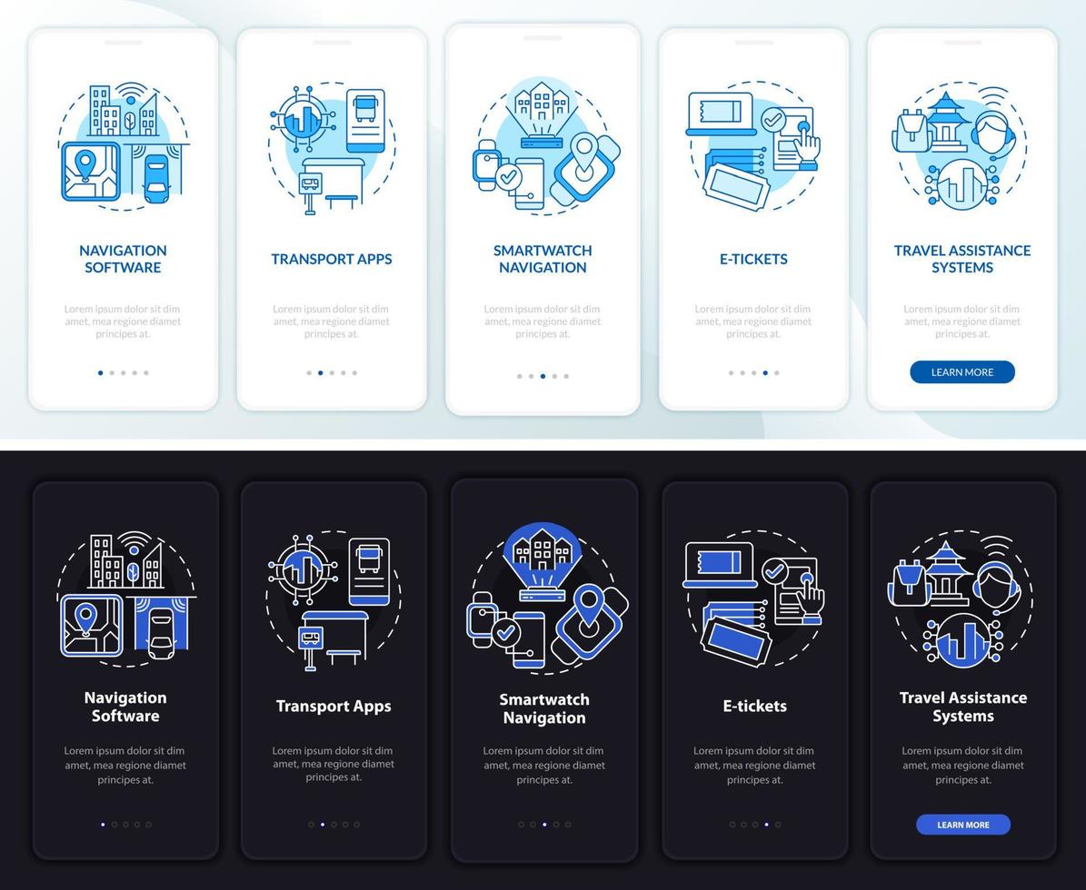 Transportation digital onboarding mobile app page screen. Route walkthrough 5 steps graphic instructions with concepts. UI, UX, GUI vector template with linear night and day mode illustrations