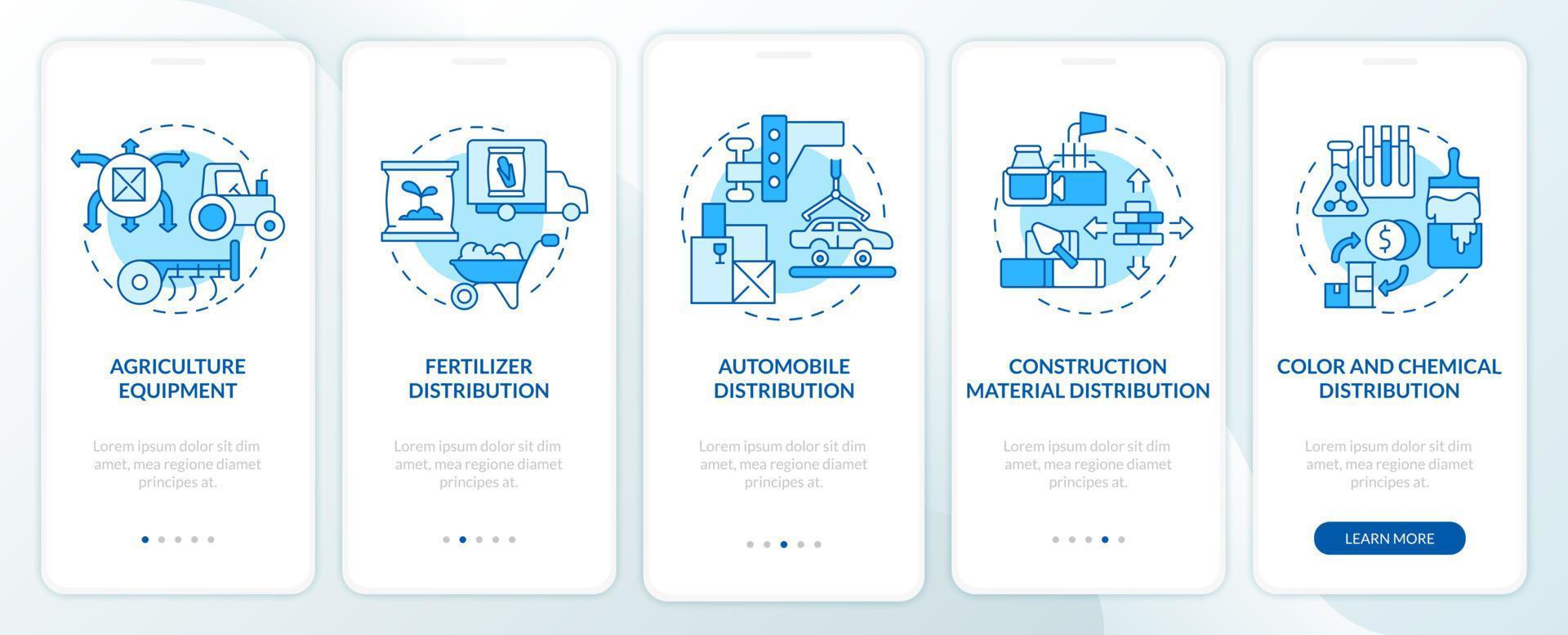 Distributor business spheres onboarding mobile app page screen. Wholesale walkthrough 5 steps graphic instructions with concepts. UI, UX, GUI vector template with linear color illustrations