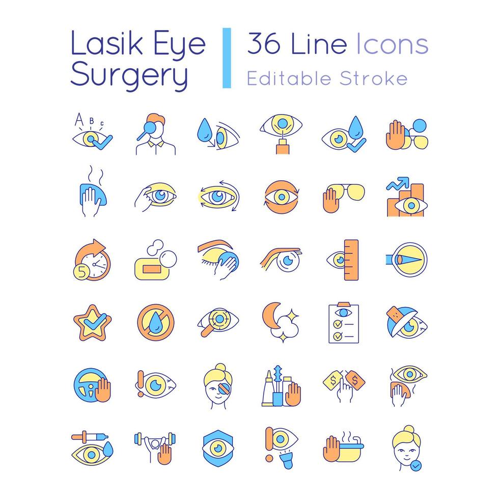 Laser eye surgery RGB color icons set. Preparation before eye operation. Vision improvement after procedure. Isolated vector illustrations. Simple filled line drawings collection. Editable stroke
