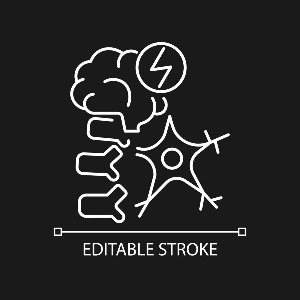 Neuromuscular white linear icon for dark theme. Brain and nerve damage. Neurological disease. Thin line customizable illustration. Isolated vector contour symbol for night mode. Editable stroke