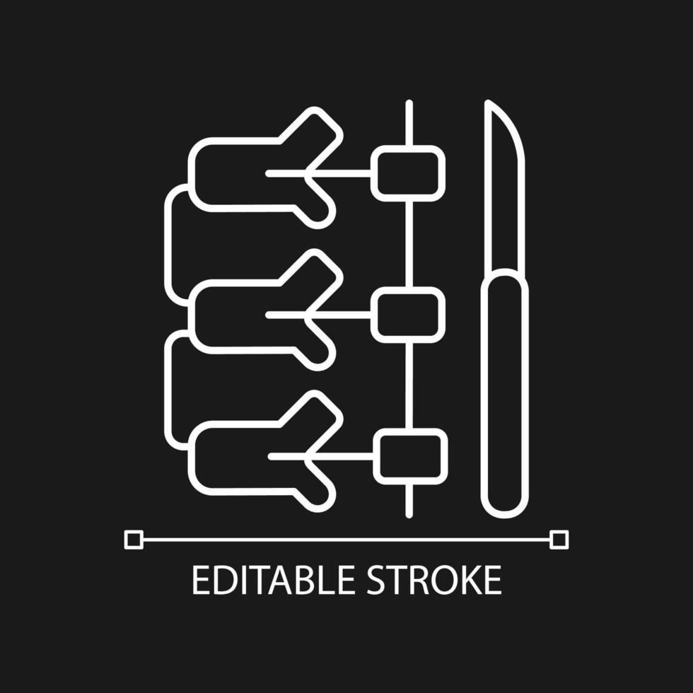 Spinal fusion white linear icon for dark theme. Spine vertebrae connecting operation. Thin line customizable illustration. Isolated vector contour symbol for night mode. Editable stroke